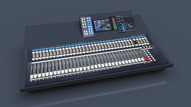 Photo medium-sized grey mixing console for studio work and live performances on a gray space. 3d rendering.