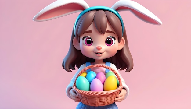 Mediumhaired girl in blue dress with bunny ears holding Easter eggs basket in bright light