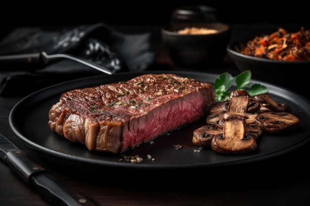 A mediumrare ribeye with sauteed mushrooms is plated on black Generative AI