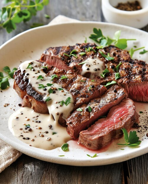 Mediumrare sliced steak drizzled with peppercorn sauce accompanied by green beans on a plate