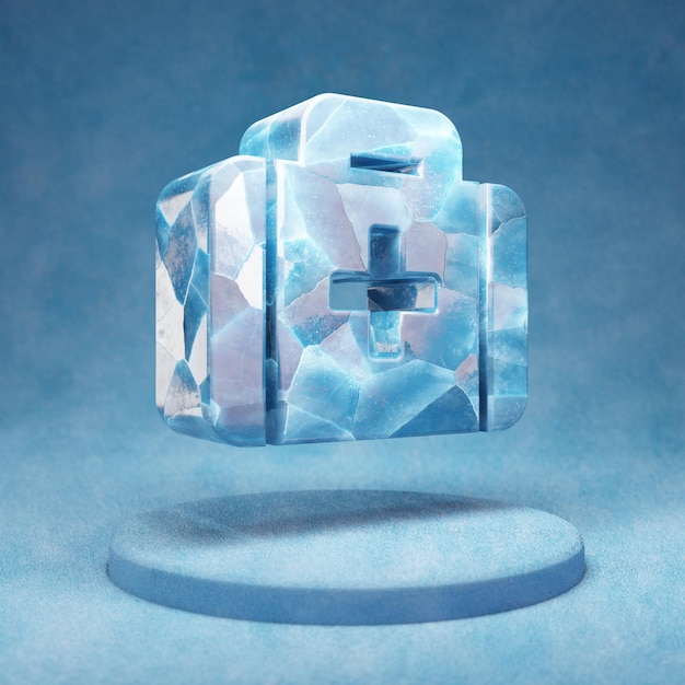 Medkit icon. Cracked blue Ice Medkit symbol on blue snow podium. Social Media Icon for website, presentation, design template element. 3D render.