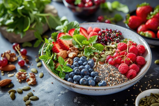 A medley of nutrientrich berries seeds nuts and greens for healthful eating