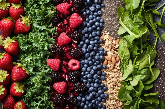 A medley of nutrientrich berries seeds nuts and greens for healthful eating