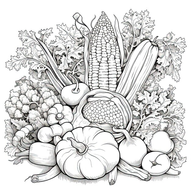 Photo the medley of vegetables coloring page in the style of white and orange