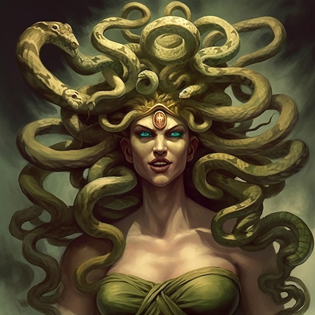 Medusa Gorgon scary mythical creature woman with snakes on her head nightmare mysticism horror