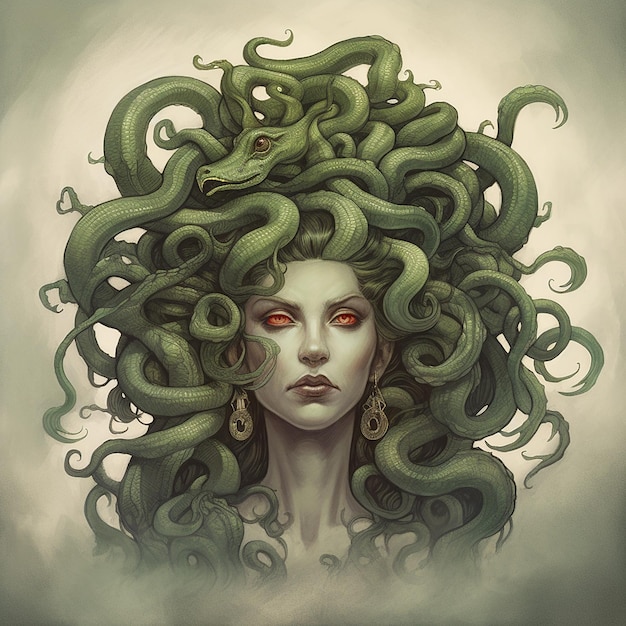 Medusa Gorgon scary mythical creature woman with snakes on her head nightmare mysticism horror