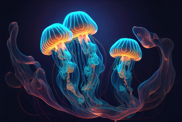 Medusa Jellyfish with glowing illumination light under the deep sea in the dark background Marine life and animal concept Generative AI