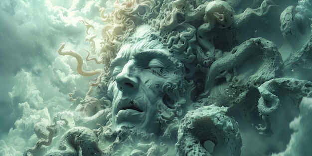 Photo medusa using her serpents to blind titan amidst a thunderous sky