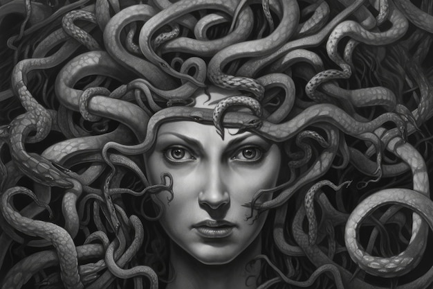 Medusa39s Gaze haunting portrait of a woman in the style of ancient Greek art inspired by the myth