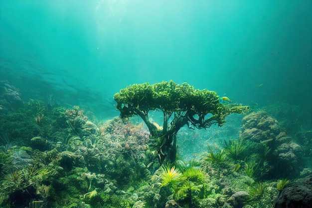 Meer groene algen en planten in de onderwaterwereld in turquoise water zeegezicht