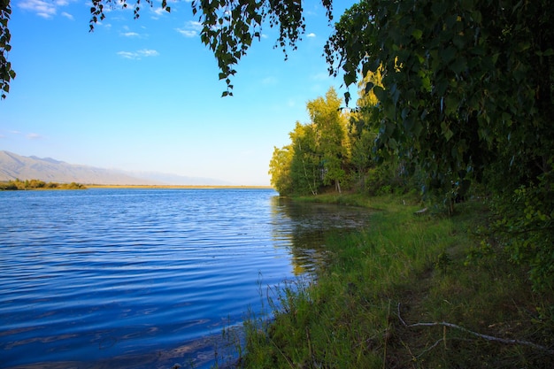 Meer in de bergen Rustige baai in het groen bij zonsondergang Rustplaats Kirgizië Meer IssykKul