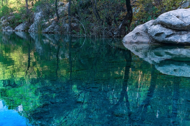 Meer met kalm blauw water in het bos van de bergherfst