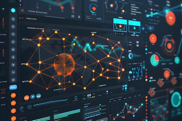 Meerdere computermonitors met realtime data-analyse, grafieken en grafieken voor data-analyse