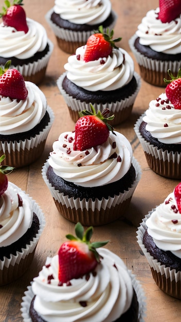Meerdere cupcakes met chocolade en aardbeien beschikbaar voor gratis Vertical Mobile Wallpaper