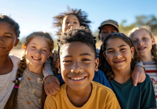 Meerdere etnische kinderen in een groep die naar de camera kijken en glimlachen