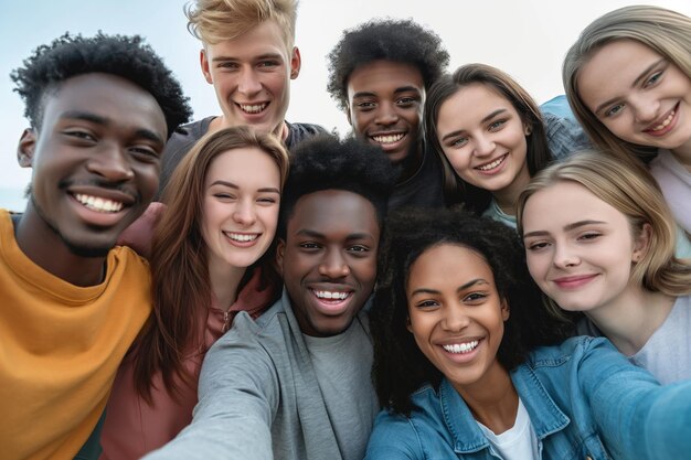 Meerdere etnische mannen en vrouwen studenten die samen plezier hebben met het maken van selfie's in de open lucht