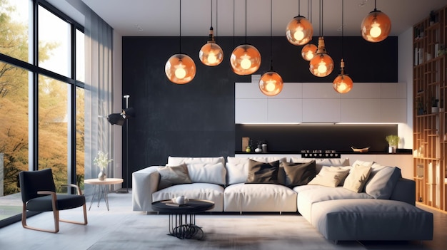 Meerdere glazen bolvormige hanglampen boven een bank in een gezellige woonkamer Elegant modern interieur met de nadruk op verlichting Mockup 3D-rendering