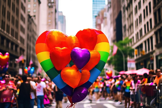 Meerdere harten met de pride-kleuren op straat tijdens de pride-parade