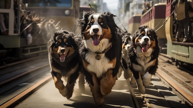 meerdere honden lopen samen op dezelfde weg vriendelijk met elkaar
