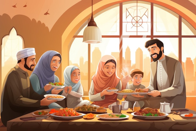 Meerdere individuen verzamelden zich rond een tafel en genoten samen van een maaltijd. Moslimfamilie ontbijt samen om eidulfitr te vieren na Ramadan AI Generated