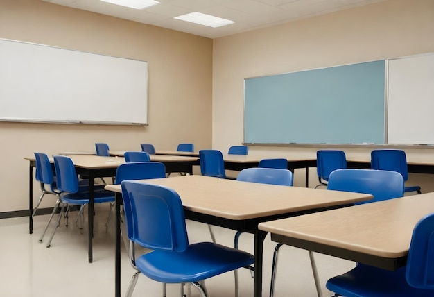 Meerdere lege bureaus met rode stoelen in een klaslokaal met beige muren en een whiteboard