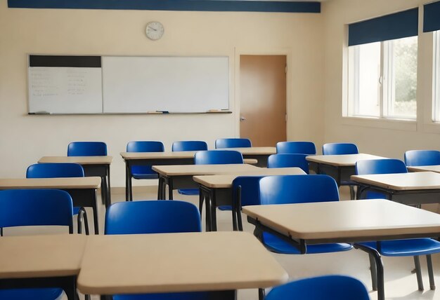 Meerdere lege bureaus met rode stoelen in een klaslokaal met beige muren en een whiteboard