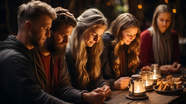 Foto meerdere mensen zitten aan een tafel met kaarsen en eten generatieve ai