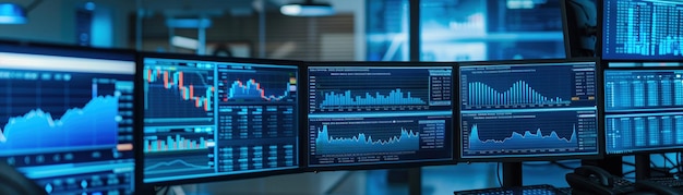 Meerdere monitors met handelsgrafieken en gegevensanalyse voor de analyse van de aandelenmarkt