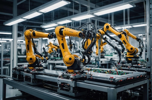 meerdere robot armen werken op een assemblagelijn in een moderne productie
