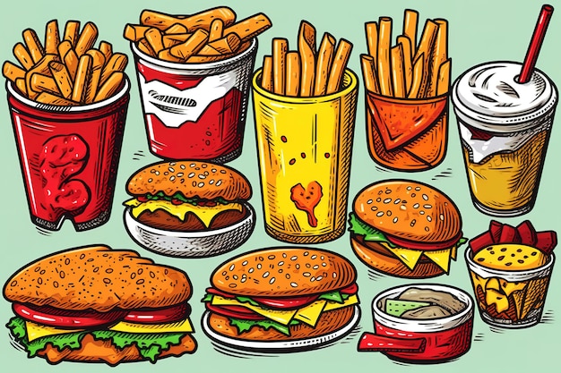 Meerdere schattige vectorstickers met fastfoodthema