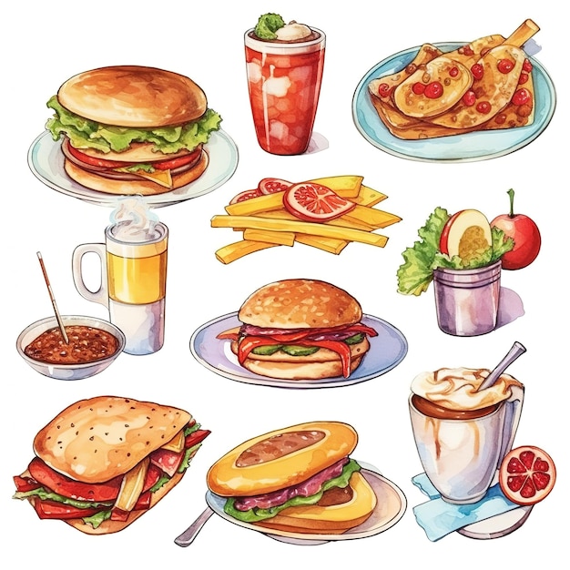 Meerdere schattige vectorstickers met fastfoodthema