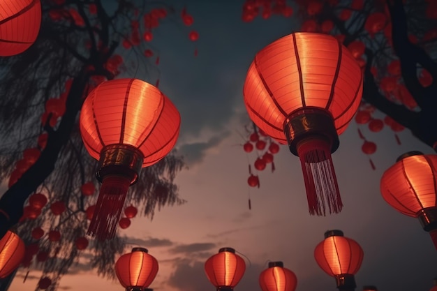 Meerdere verlichte Chinese lantaarns boven bomen en lucht gemaakt met behulp van generatieve AI-technologie