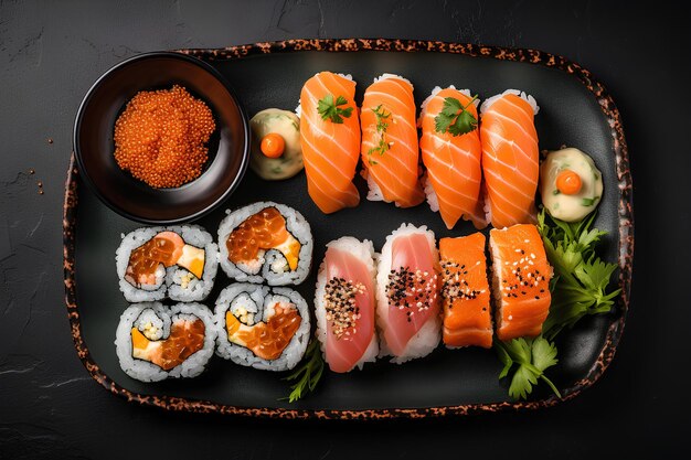 Meerdere vissen op een houten bord om sushi te eten