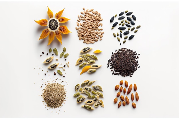 Meerdere zaden tegen een witte achtergrond een verscheidenheid aan zaden superfood een voedzaam voedingsmiddel een bovenaanzicht en kopieer ruimte