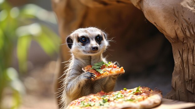 meerkat eating pizza closeup