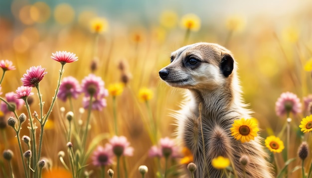 Meerkat among flowers An observant meerkat plays in a meadow among flowers