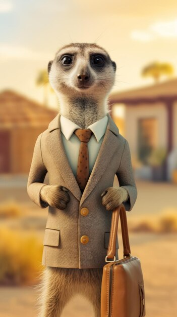 Meerkat in zakelijk pak met Tan-accenten in DesertThemed Office AI gegenereerd