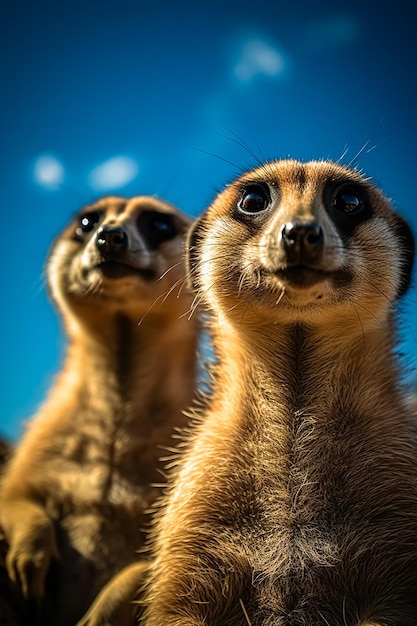 A meerkat looks at the camera with a blue sky behind it.