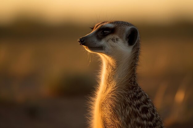 A meerkat looks into the distance at sunset