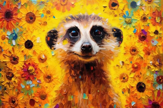 Meerkat made of oil paint modern art with sunflower generative ai