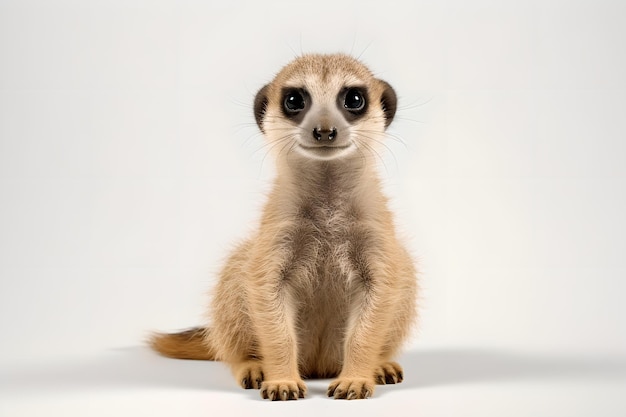 A meerkat sits on a white background.