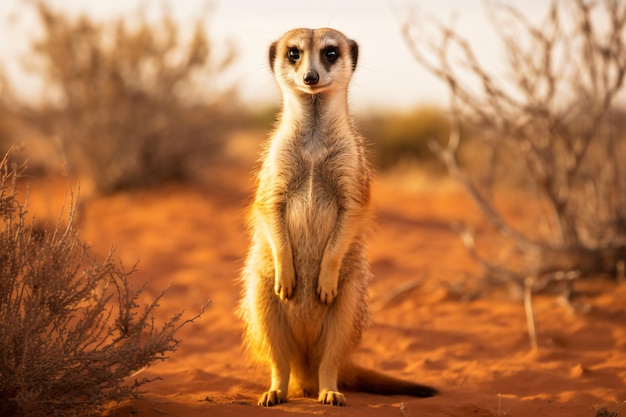 a meerkat standing on a dirt ground