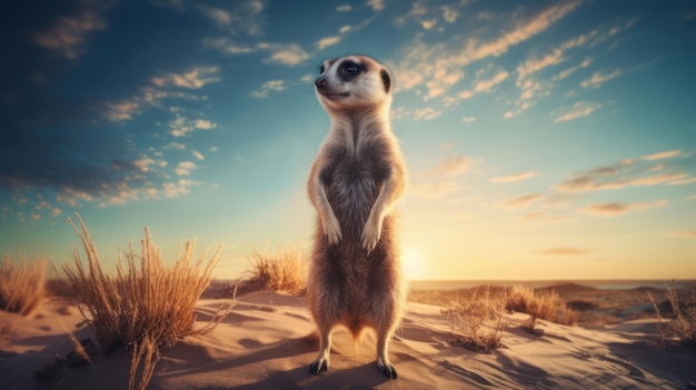 A meerkat standing on its hind legs in the sand