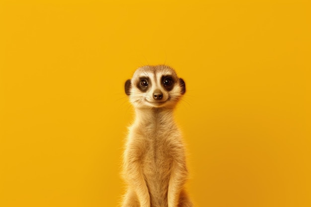 Meerkat standing up on a yellow background the photo is cute and could be associated