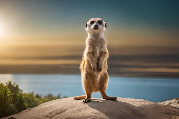 A meerkat stands on a rock in front of a sunset.