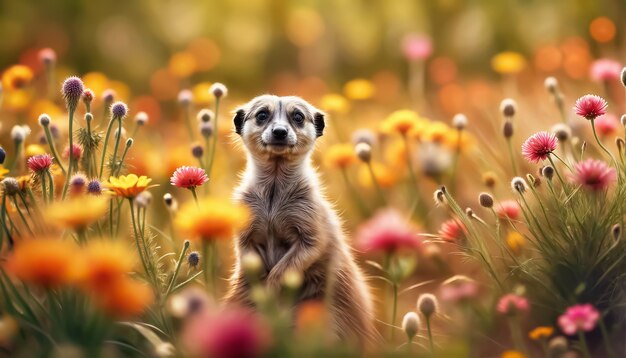 Meerkat tussen bloemen Een oplettende meerkat speelt bij zonsondergang tussen bloemen