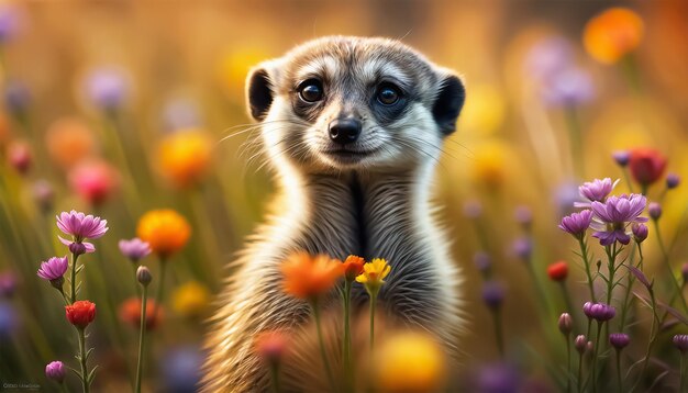 Meerkat tussen bloemen Meerkat kijkt tussen bloemen bij zonsondergang Selectieve focus AI gegenereerd