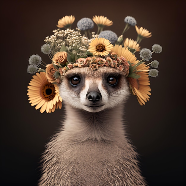 Meerkat with floral flora blooming crown of flowers