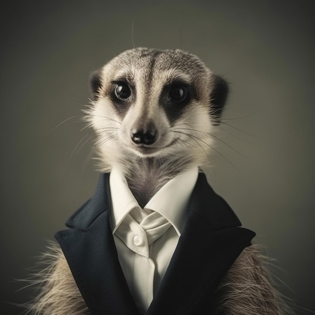 A meerkat with a white collar and a black shirt