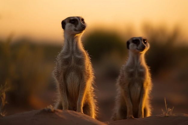 Photo meerkats in the desert at sunset